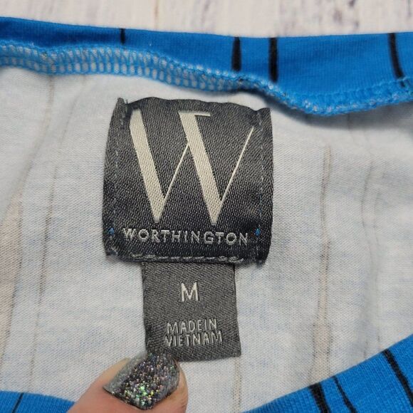 Worthington Blue Medium Funky Summer Chich Cropped Cinched Tie Waist Blouse - Picture 6 of 7